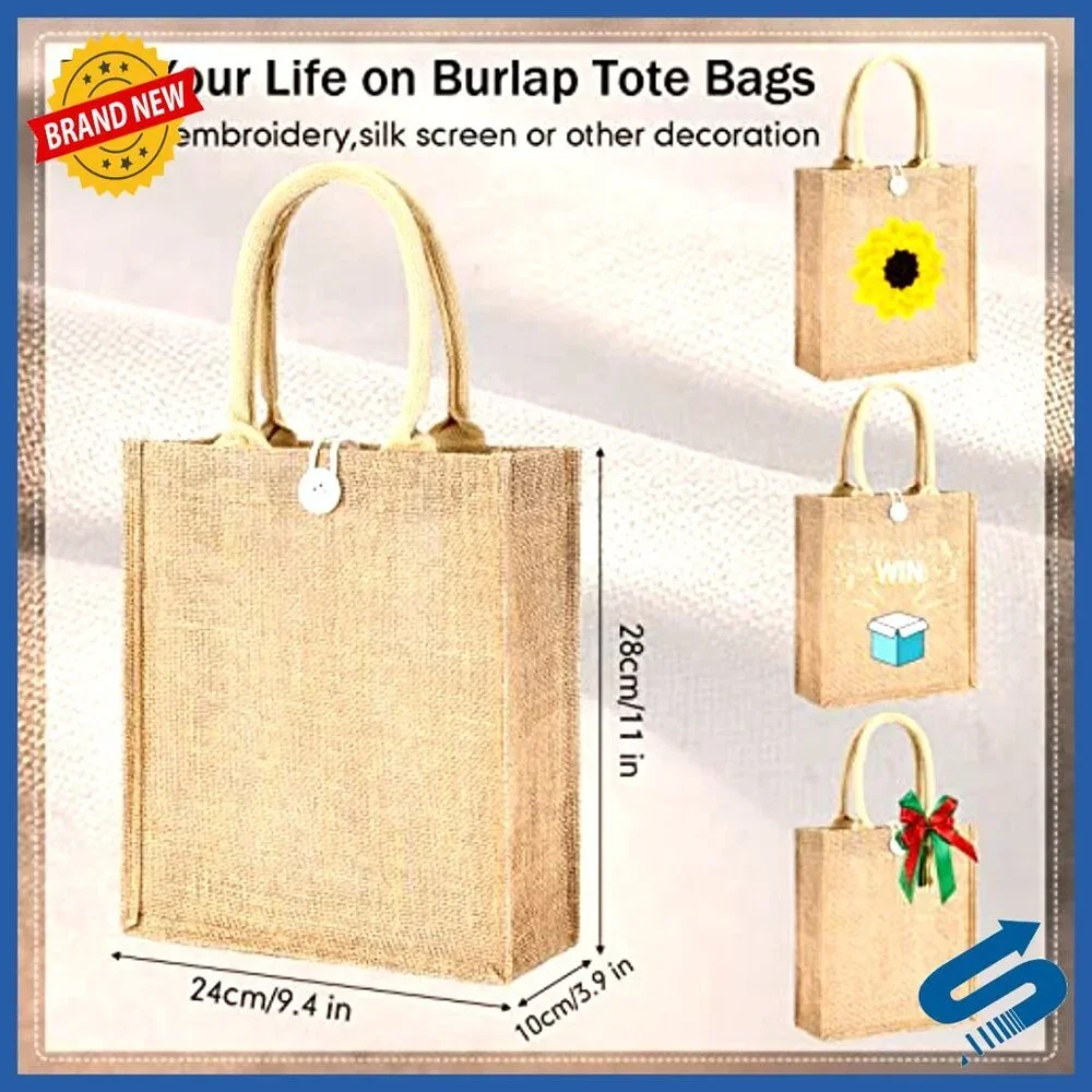 Reusable Jute Burlap Tote Bags Blank DIY Wedding Grocery Shopping Beach